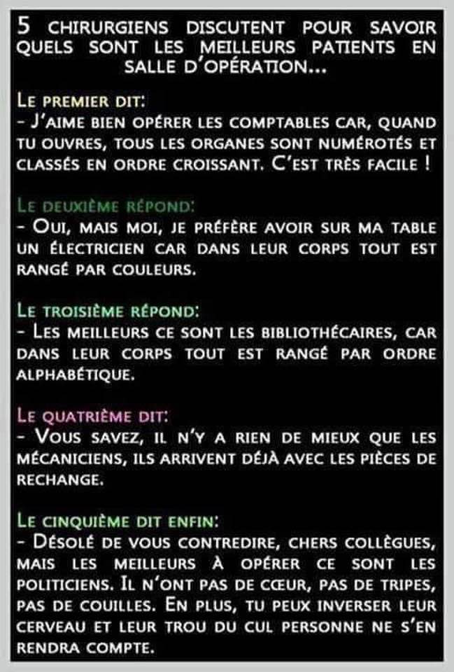 Blague   5 chirurgiens discutent pour savoir quel sont les meilleurs patient comptable  électricien   bibliothéquaire   mécanicien   politicien