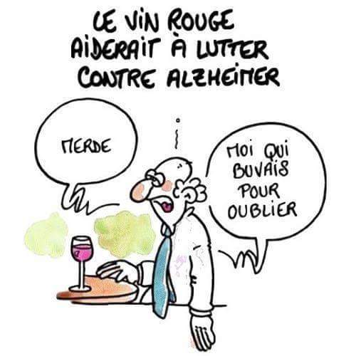 Blague   Alcool   le vin rouge aiderait à lutter contre azheime=perte de mémoire   et l'autre répond merde   moi qui buvais pour oublier