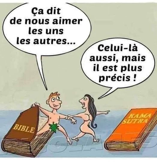 Blague   adam et eve   ça te dit de nous aimer les un les autres avec la bible   celui là aussi mais il est plus précis kama sutra