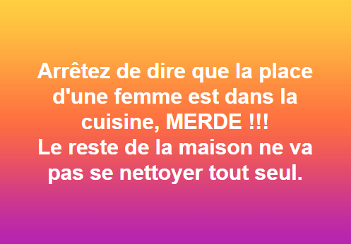 Blague   arrêtez de dire que la place d'une femme c'est dans la cuisine merde le reste de lamaison ne va pas se nettoyer tout seul