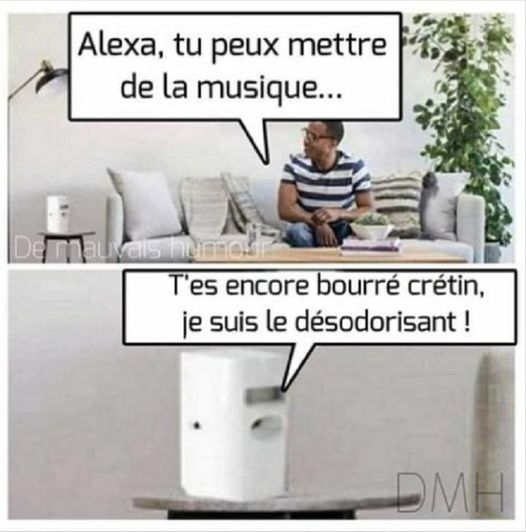 blague   Alexa,tu peux mettre de la musique et l'I.A.=Intéligence Artificiel répond t'es encore bourré crétin,je suis le déodorisant