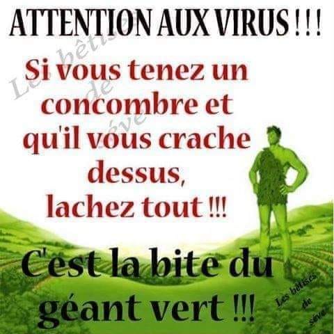 blague   attention aux virus   si vous tenez un concombre et qu'il vous crache dessus lachez tout , c'est la bite du géant vert