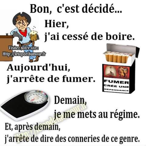 c'est décidé j'arrête de boire j'arrête de fumer et je me mets au régme et demain j'arrête de dire des conneries de ce genre