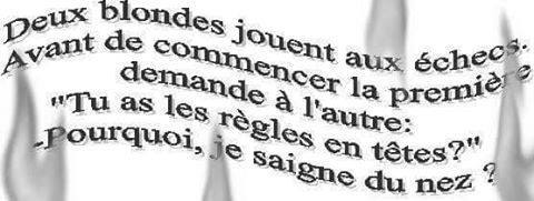 Blague   blonde   2 bondes jouent au échec et l'une dit tu as es règles en tetes   et l'autre répond   pourquoi je saigne du nez