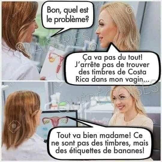 Blague   bon quel est leprobleme   a va pas j'arrete pas de trouver des tmbre du cosa rica dans mon vagin   tout va bien madame ce sont les étiquettes sur les bananes