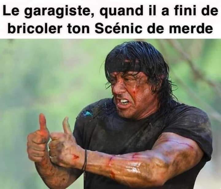 Blague   Caricature   le garagiste quand il a fini de bricoler ton scénic de merde   avec sylvester stallone les pouces levés