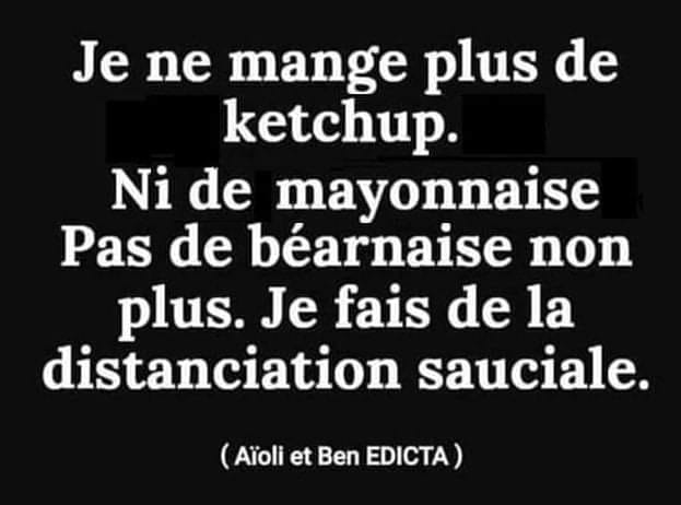 Blague   Citation   je ne mange plus de ketchup   ni de mayonaise pas de béarnaise non.plus je faisdeladistanciation sauciale