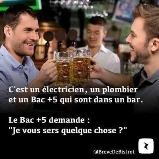 Blague   c'est un électricien un plombier et un bac + 5 qui sont dans un bar et le Bac + 5 demande   je vous sert quelque chose