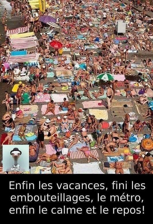 Blague   caricature   du monde sur la plage   enfin les vacances fini les embouteillages le métro enfin le calme et le repos