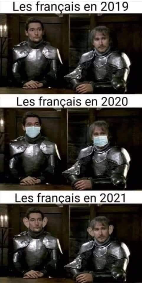 Blague   caricature   les français en 2019 avec leur masque en 2020 l'oreille décollé en 2021