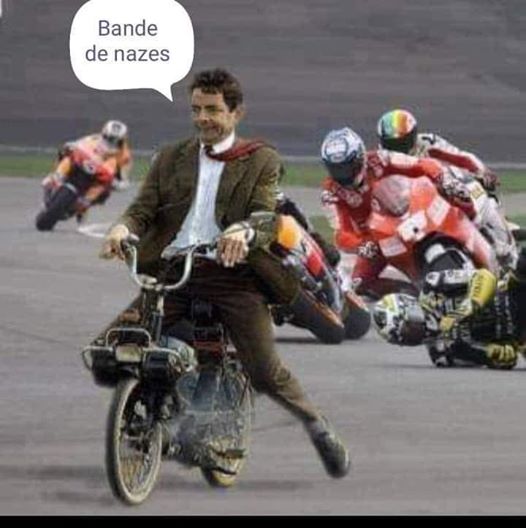 Blague   caricature   mister bean en mobylette dans une course de moto