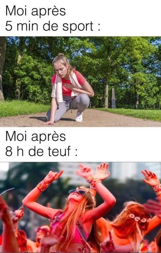 Blague   caricature   moi après 5 minutes de sport et moi après 8heure de teuf