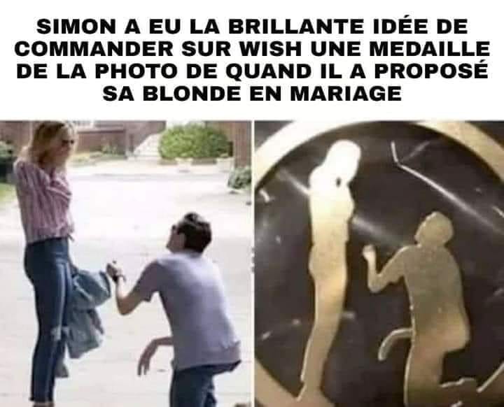 Blague   caricature   simon a eu la brillante idée de commander sur wish une médaille de la photo quand il propose sa blonde en mariage