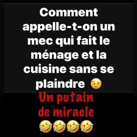 Blague   comment appelle t on un mec qui fait le ménage et la cuisine sans se plaindre   un putain de miracle