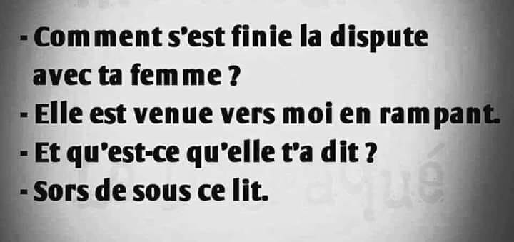 Blague   comment s'est finie la dispute avec ta femme elle est venue vers moi en rampant et qu'est ce qu'elle t'a dit   sors de sous ce lit