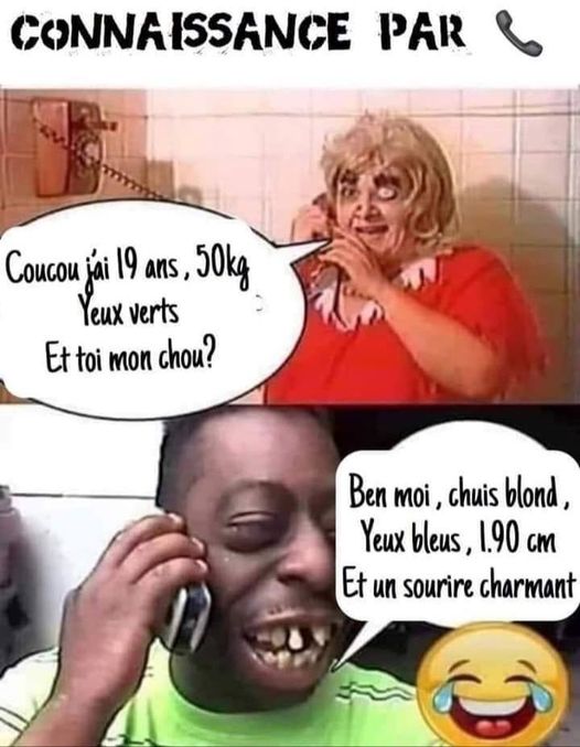 Blague   connaissance  par téléphone   coucocu j'ai 19 ans 50 kilo yeux vert et toi mon Chou   ben moi j'susi blond yeux bleu 1.90 cm et un sourir charmant