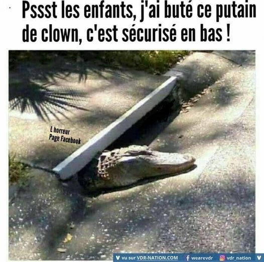 Blague   crocodile dans bouche d'égout qui dit psst les enfants j'ai buté ce putain de clown c'est sécurisé en bas