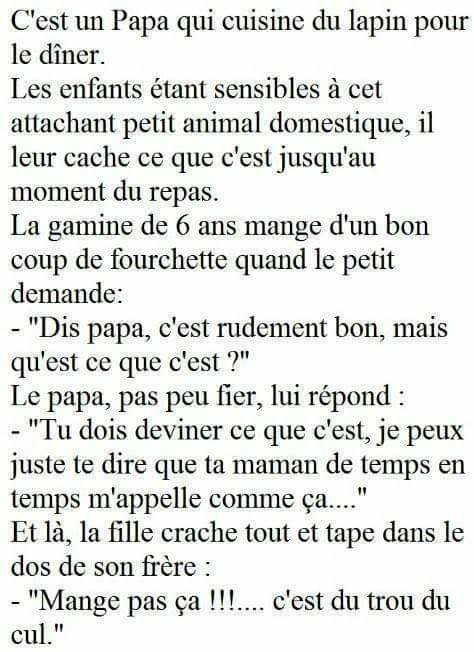 Blague   cuisine un lapin   votre mère m'appelle comme ça   ne mange pas c'est du trou du cul