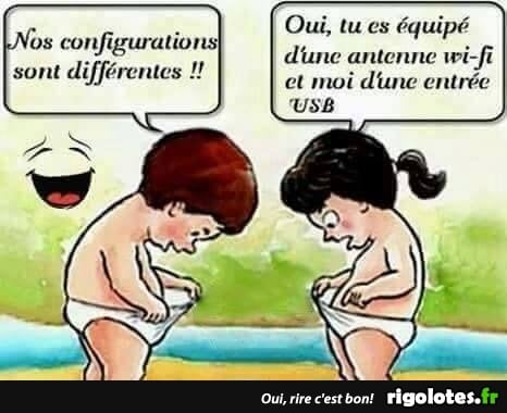 blague   caricature   dessin   bébé   le garçon dit à la fille nos configuration sont différentes et la fille répond oui tu es équipé d'une antenne wi fi  et moi d'une entrée USB