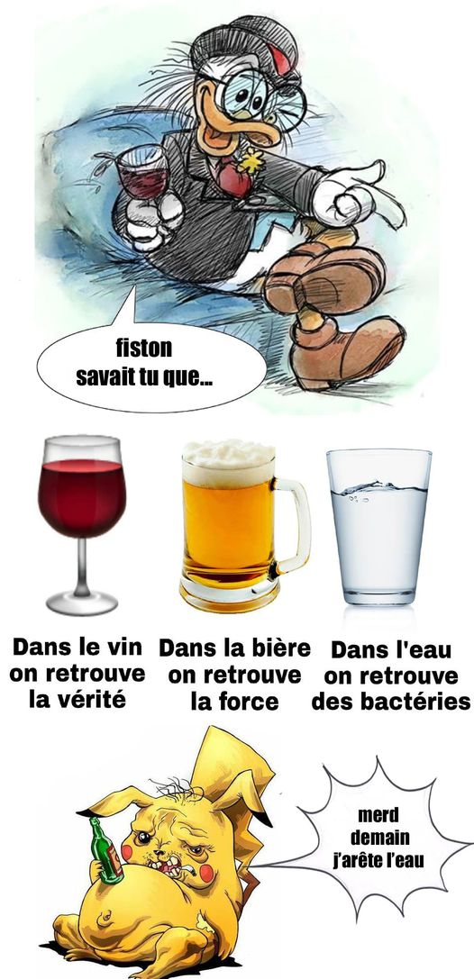 Blague   dans le vin on retrouve la vérité dans la bière on retrouve la force dans l'eau on retrouve les bactéries