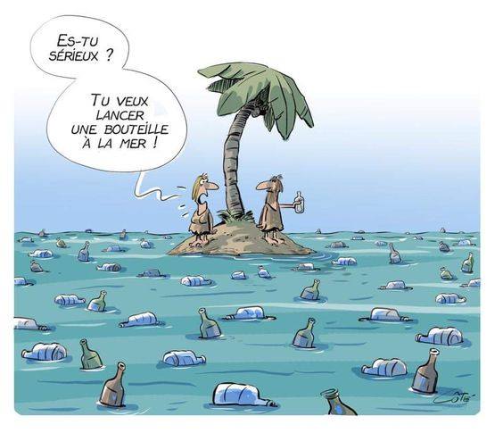 Blague   dessin   caricature   2 personnes sur une iles qui veux envoyé bouteille à l'eau  avec une centaine d ebouteille déjà dans l'océan