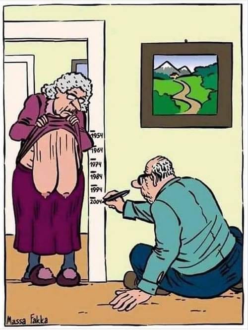 Blague   dessin   grandmère qui montre ses seins et son mari qui note la baisse des seins qui pendent