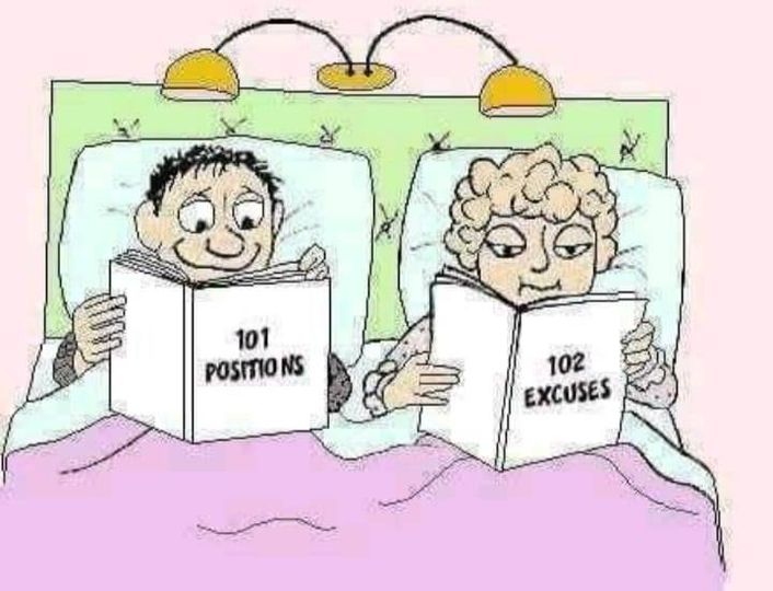 Blague   dessin   sexe   couple dans le lit et homme qui lit 101 positions et femme qui lit 102 excuses