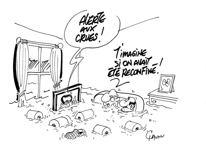 Blague   dessin   télévision   alerte aux crues  maison inondés   t'imagine si on avait été reconfiné dit la femme