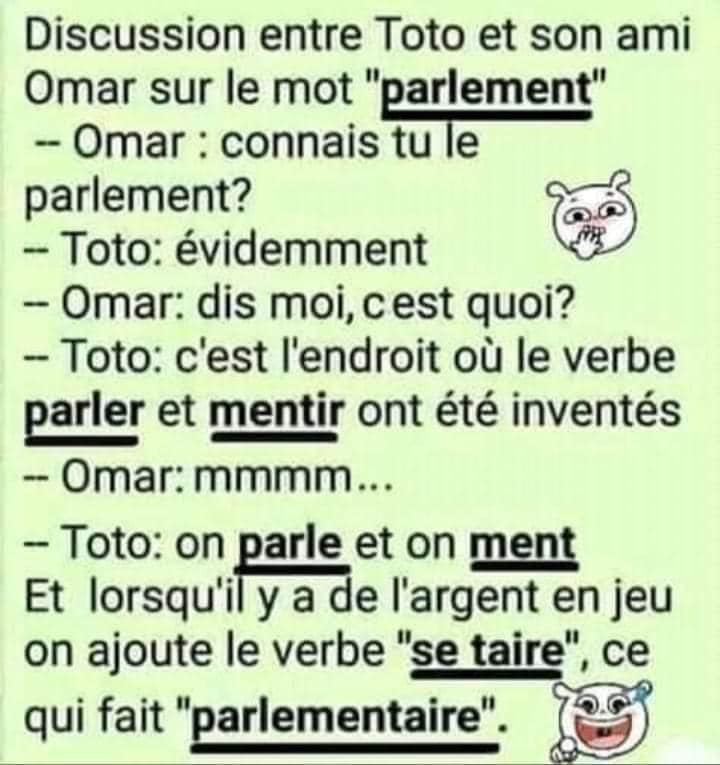 Blague   définition   jeu de mot   parlementaire   on parle on ment et avec l'argent=corruption pour se taire