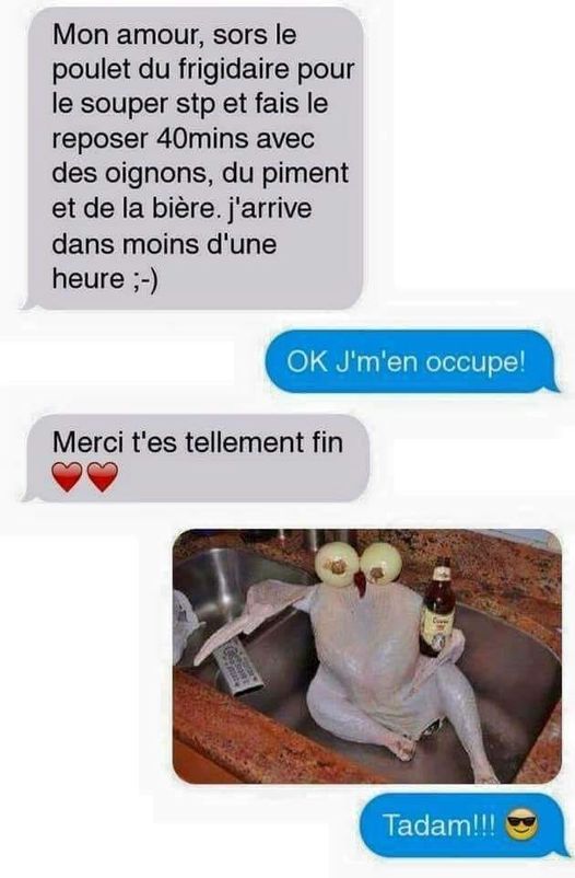 Blague   femem qui dit mon amour sors le poulet du frigidaire pour le souper fais le reposer 40 minute avec des oignons et du piment et de la bière