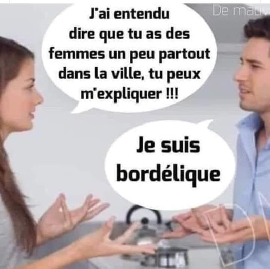 Blague   femme qui dit   j'ai entendu dire que tu as des femmes un peu partout das la ville   tu peux m'expliquer l'homme répond   je suis bordélique