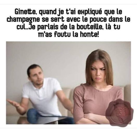 Blague   ginette quand je t'ai dit que le champagne se sert avec lepousse dans le cul je parlais de la bouteille   là tu m'a foutu la honte