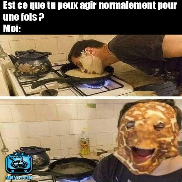 Blague   homme qui fait des crêpes et ce fait un masque avec la patte à crêpe sur son visage