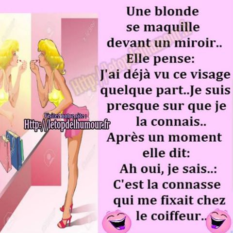 Blague   humour   blonde   une blonde se regarde dans le mirroir et dit mais je la connais cette femme et puis dit oui c'est la connasse qui me fixait chez le coiffeur