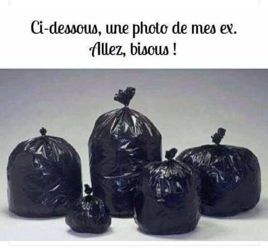 Blague   humour noir   sac poubelle   ci dessous une photo de mes ex ou de mes ennemis allez bisoux