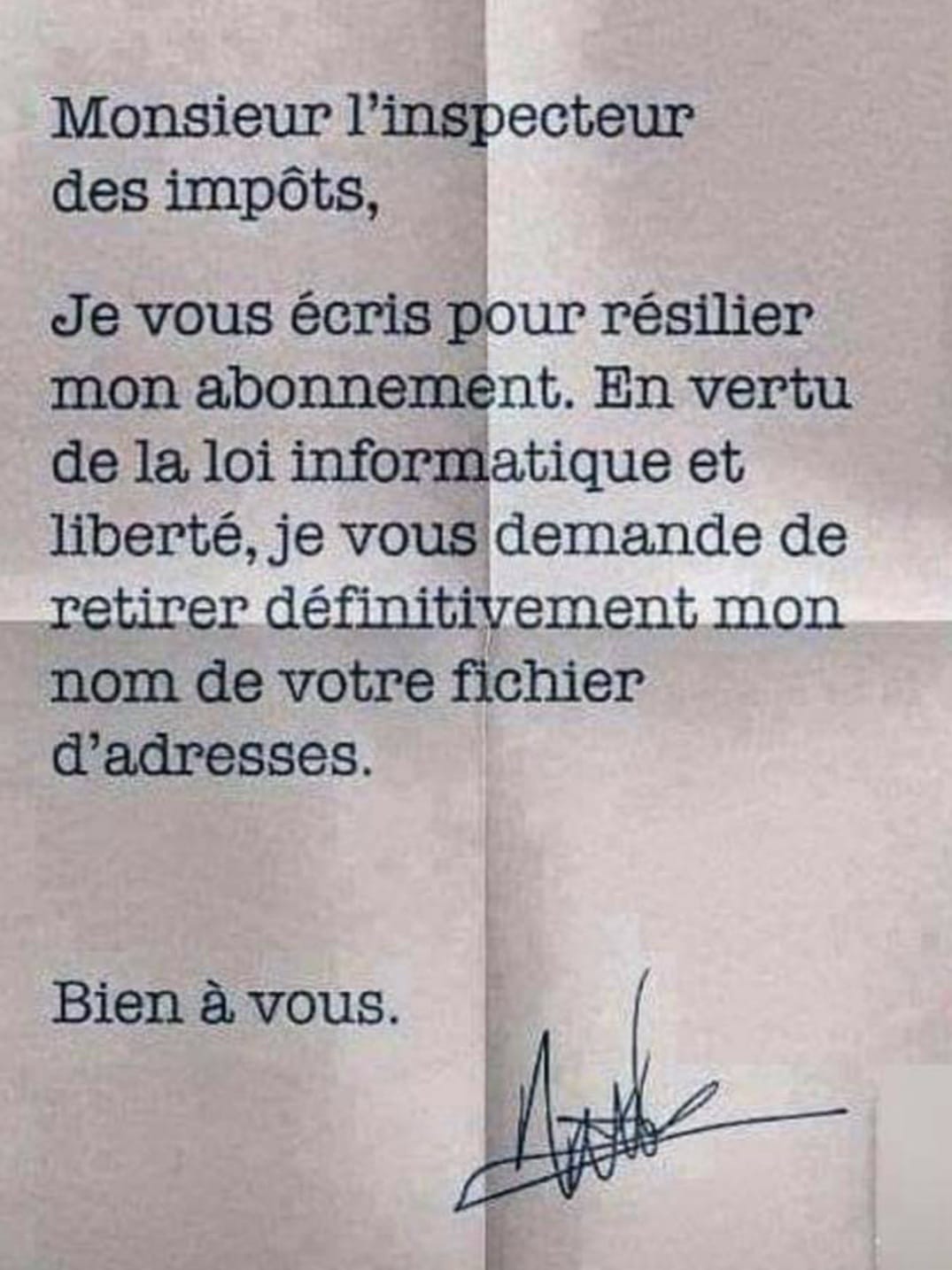 Blague   impot   je vous écris pour résilier mon abonnement   en vertu de la loi informatique et liberté, je vous demande de retirer définitivement mon nom de votre fichier d'adresse