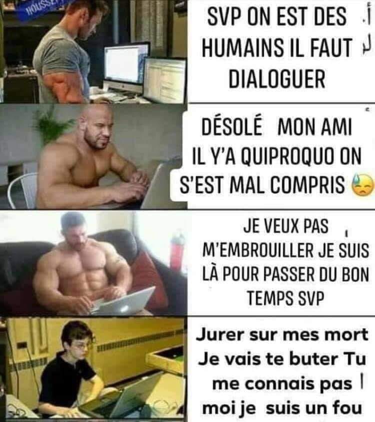 blague   internet   homme fort qui discute sur internet avec des inconnus et jeune injurieux qui fait des menaces