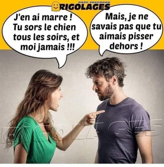 Blague   j'en ai marre tu  sors le chien tous les sors et moi jamais et l'homme répond je ne savais pas que tu aimais pisser dehors