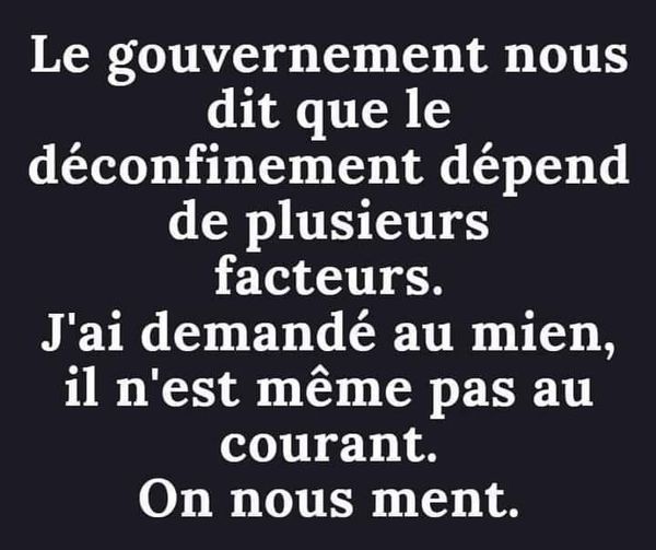 Blague   le gouvernement nous dit que le déconfinement dépend de plusieur facteurs j'ai demandé au mien il n'est même pas au courant on nous ment