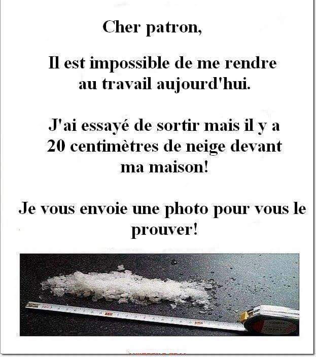 Blague   ll est impossble pour moi d'aller au travaille il a 20 centimètre de neige voici une photo