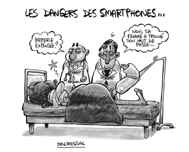 blague   les dangers des smartphones   homme sur un lit d'hopital bléssé et médecin qui dit batterie explosé non sa femme a trouvé son mot de passe