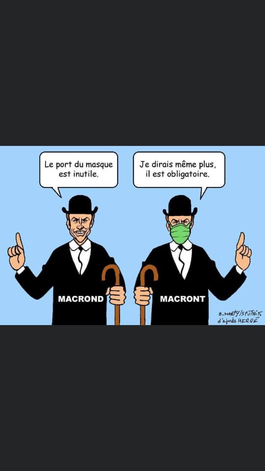 Blague   macron 1 le port du masque est inutile et macron 2 le port du masque est obligatoire