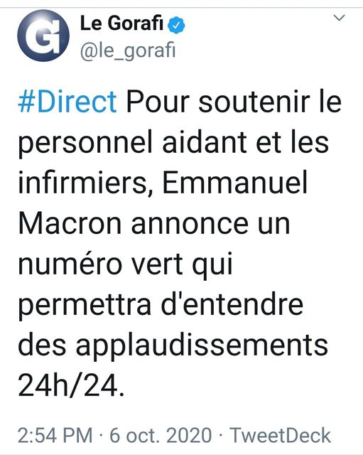 Blague   macron annonce un numero vert pour soutenir le personnel aidant et les infirmier qui permettra d'entendre des applaudissement 24h 24h