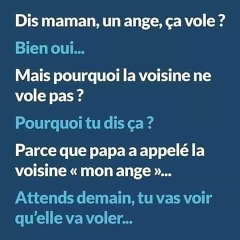 Blague   maman un ange ça vole  bien oui mais pourquoi la voisine ne vole pas parceque papa a appelé la voisine mon ange