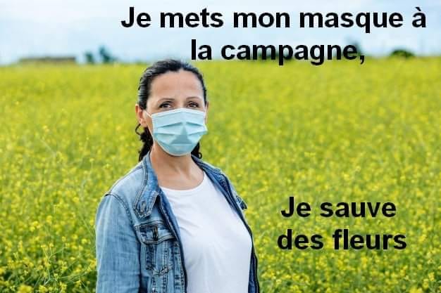 Blague   masque   je met smon masque à la campagne   je sauve des fleurs