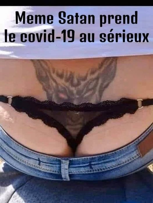 Blague   masque   meme satan prend le covid 19 au sérieux   femme avec tatouage de satan et string