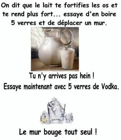 Blague   on dit que le lait fortifies les os et te rend plus fort essaye d'en boire 5 verres et de déplacer le mur tu n'y arrive pas maintenant essaye avec 5 verres de vodka