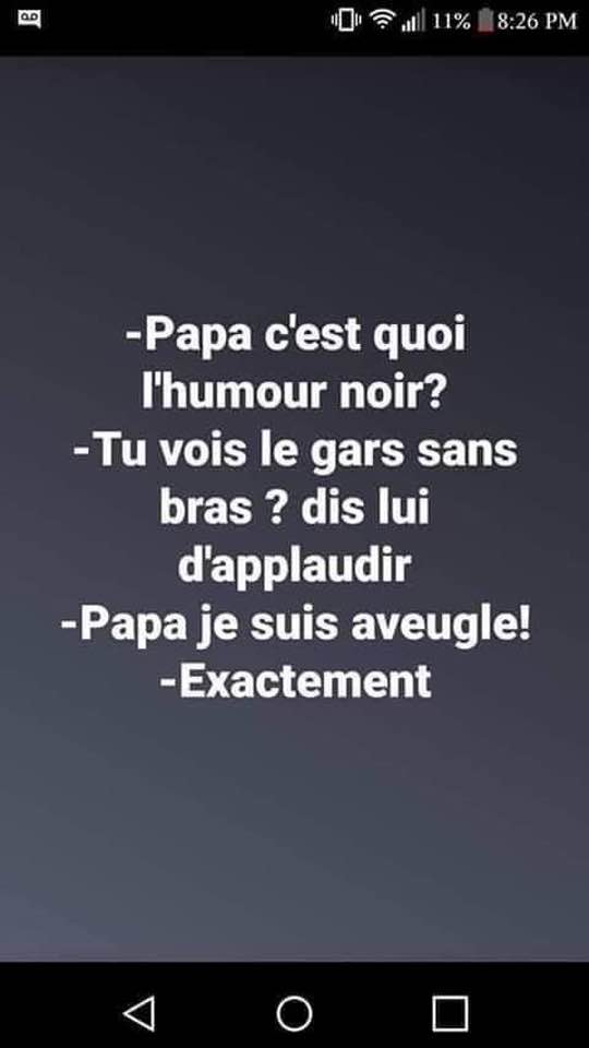 Blague   papa c'est quoi l'humour noir   tu vois le gars sans bras dis lui d'applaudir papa je susi aveugle   exactement