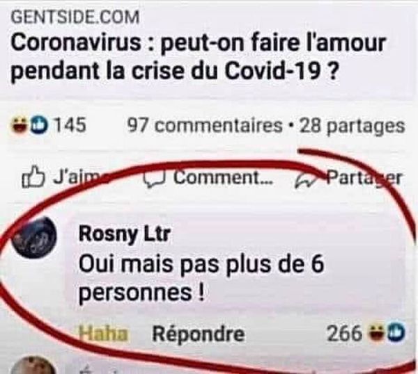 Blague   peut on faire l'amour pendant la crise du virus covid 19   oui mais pas plus de 6