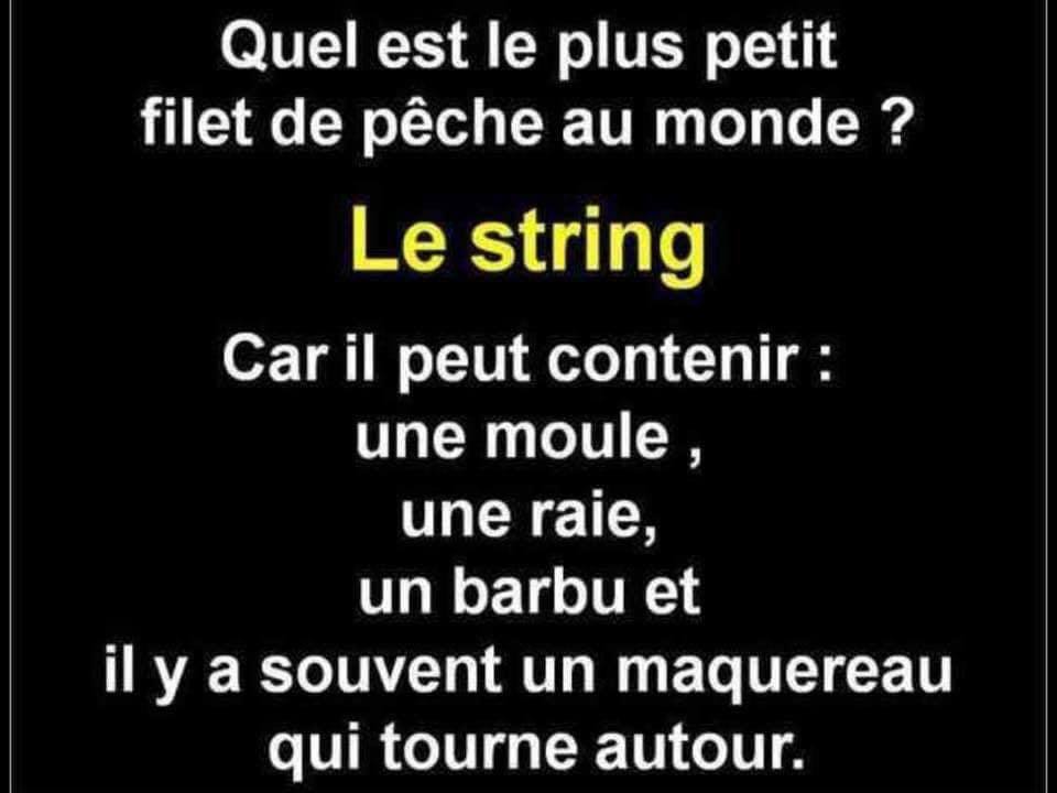 Blague   quel est leplus petit filet de pèche au monde   réponse   le string car il peut contenir une moule une raie un barbu et il y a souvent un maquerea autour